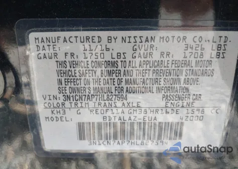 2017 Nissan Versa 1.6 S+ из США, поврежденный, VIN 3N1CN7AP7HL827594